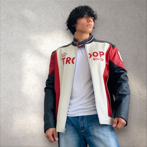 Men's Troop Red | White | Black Motorcycle Genuine Leather Jacket NWT - Picture 3 of 8